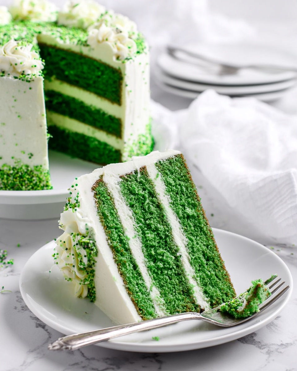 The image shows a three-layer green cake slice on a white plate in front, with thick white cream between each layer and covering the outside. The green cake layers have a soft, moist texture, and the cream is smooth with small green sprinkles on top of the frosting edge. The slice is cut from a larger cake in the background, which has matching layers and white cream decoration on top. A silver fork lies on the plate with a small piece of cake on its tines. The whole scene is on a white marbled surface with a white cloth nearby. Photo taken with an iphone --ar 4:5 --v 7