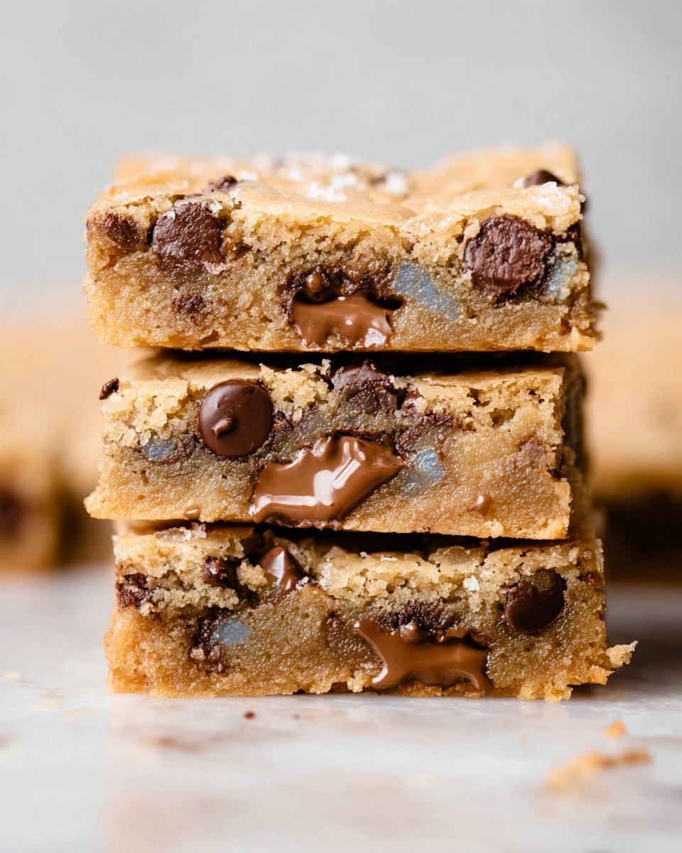 A close-up view of three square cookie bars on a white marbled surface. The cookie bars have a golden brown top layer with a soft, textured surface. Scattered on top are colorful small round candies in pastel colors like blue, pink, yellow, and white, slightly melted into the cookie. One cookie bar is whole, while the other two have clean edges, showing a consistent, slightly dense interior. The overall look is warm and inviting. Photo taken with an iphone --ar 4:5 --v 7