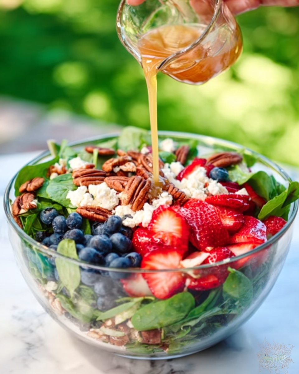 15-Minute Strawberry Spinach Salad Recipe 5 A clear glass bowl filled with multiple layers of fresh salad ingredients sits on a white marbled surface. The bottom layer contains bright green spinach leaves mixed with pieces of pecans. Above this, there is a layer of colorful fruit including sliced red strawberries and dark blue blueberries scattered evenly. On top of the fruit layer, there are chunks of creamy white cheese crumbled richly. A woman's hand is pouring a light amber dressing slowly over the salad from a small glass container, creating a glossy shine on the ingredients. The background is filled with soft green bokeh, suggesting an outdoor setting. Photo taken with an iphone --ar 4:5 --v 7