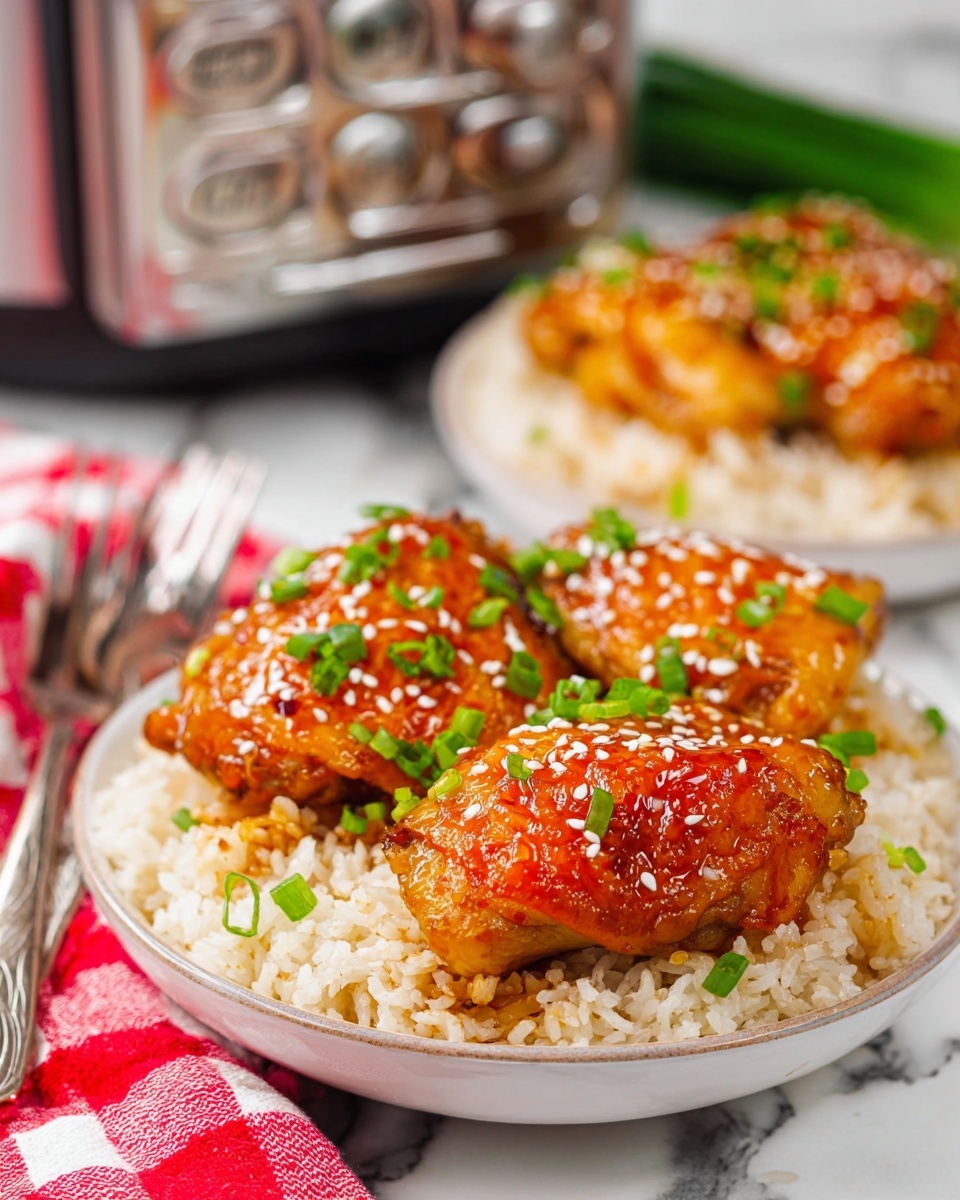 Brown Sugar Garlic Chicken Recipe 5 The image shows a white bowl filled with fluffy white rice as the base layer. On top of the rice, there are three pieces of golden-brown glazed chicken thighs arranged close together, each with a shiny, slightly sticky texture. The chicken is sprinkled with white sesame seeds and small chopped green onions, adding specks of white and bright green over the warm orange glaze. In the background, another bowl with the same dish is partly visible next to a digital kitchen timer with a shiny metallic surface, all set on a white marbled surface with a red and white checkered cloth and a fork placed nearby. Photo taken with an iphone --ar 4:5 --v 7