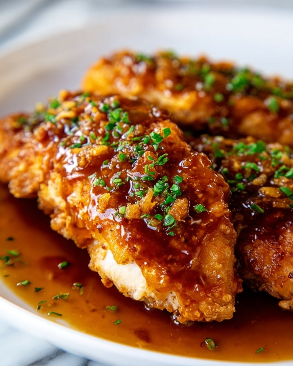 The dish shows 3 pieces of fried chicken tenders covered in shiny, thick brown sauce with small bits of garlic or onion on top. The chicken has a golden, crispy crust that looks crunchy and moist inside. Finely chopped green herbs are sprinkled on top and around the chicken. The chicken pieces lie flat close together on a white plate, which is on a white marbled surface. The sauce pools slightly around the chicken, adding a glossy look photo taken with an iphone --ar 4:5 --v 7