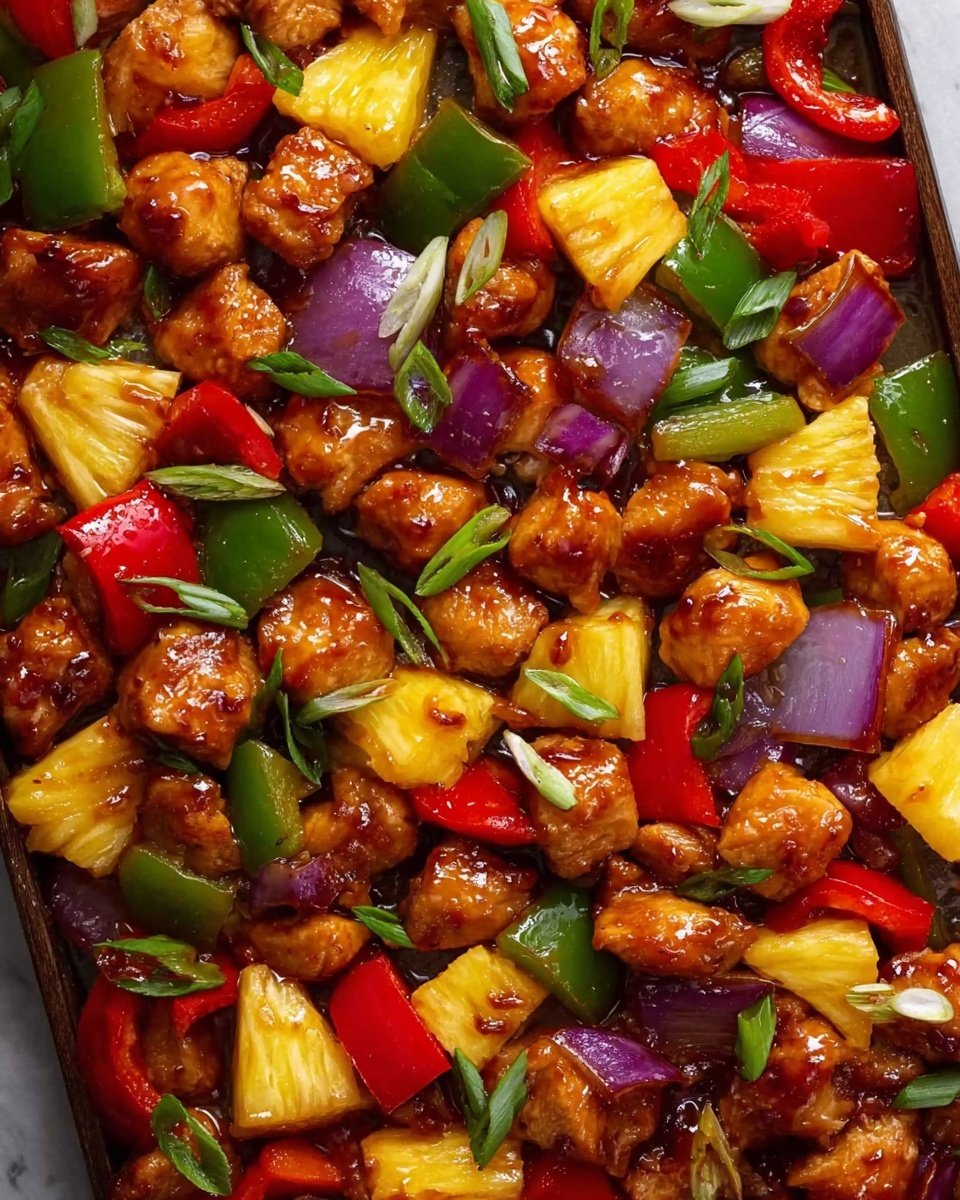 This image shows a colorful mix of cooked chicken pieces, bright yellow pineapple chunks, red and green bell pepper squares, and purple onion slices all spread across a white marbled surface. The chicken is coated in a shiny brown sauce giving a rich, glazed look. The pineapple pieces are juicy and glossy, contrasting with the soft texture of the cooked peppers and onions. Small green sliced scallions are scattered over the top, adding a fresh touch. The dish looks like a vibrant, hearty stir-fry spread evenly with different colors and textures visible in each bite. photo taken with an iphone --ar 4:5 --v 7