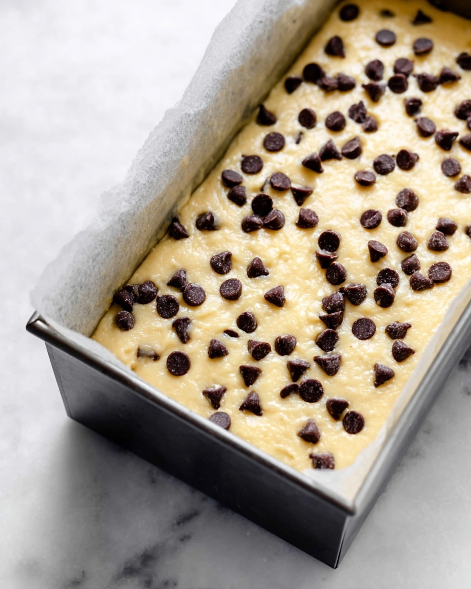 The image shows a close-up of a rectangular metal baking pan lined with parchment paper, filled with a light yellow batter that has a smooth, slightly glossy texture. Scattered evenly across the top layer of the batter are small, dark brown chocolate chips, creating a contrast with the pale batter. The pan is placed on a white marbled surface, adding a clean and bright background to the scene. The focus is on the batter filled with chocolate chips inside the pan. photo taken with an iphone --ar 4:5 --v 7