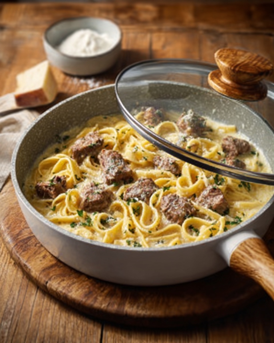 A white pan with a wooden handle sits on a wooden surface, filled with creamy pasta topped with small pieces of cooked meat. The pasta is coated in a light yellow sauce with a smooth and thick texture, and green herbs are sprinkled on top for color. Some broth is visible around the edges of the pan. A glass lid is partially covering the pan, reflecting light softly. Behind the pan, a small white bowl with white powder rests on the wooden surface. The overall scene is warm and inviting with natural lighting. photo taken with an iphone --ar 4:5 --v 7