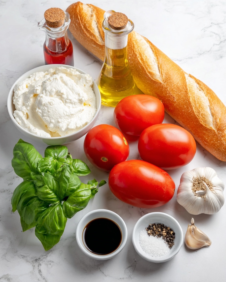 The image shows fresh ingredients arranged on a white marbled surface, featuring a long golden brown baguette at the back. In front of the bread, there are six bright red Roma tomatoes with smooth skin. To the left, a small white bowl is filled with soft, white ricotta cheese. Nearby, fresh green basil leaves lay flat on the surface. Two small bottles stand upright behind the tomatoes: one contains clear golden olive oil with a white top, and the other has reddish vinegar with a cork stopper. On the right side of the image, there are two garlic cloves and a small white bowl with dark balsamic vinegar. Next to it, another white bowl holds small piles of white salt and black pepper. photo taken with an iphone --ar 4:5 --v 7
