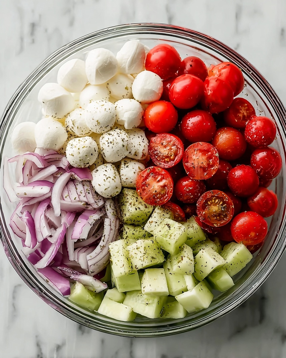 A clear glass bowl filled with four separate layers of ingredients: bright red cherry tomatoes, some cut in half, placed on the top right; small white mozzarella balls on the top left; cubed light green cucumbers with dark green edges on the bottom left; and thinly sliced purple onions on the bottom right. Each layer is sprinkled lightly with black pepper and herbs. The bowl sits on a white marbled surface. Photo taken with an iphone --ar 4:5 --v 7
