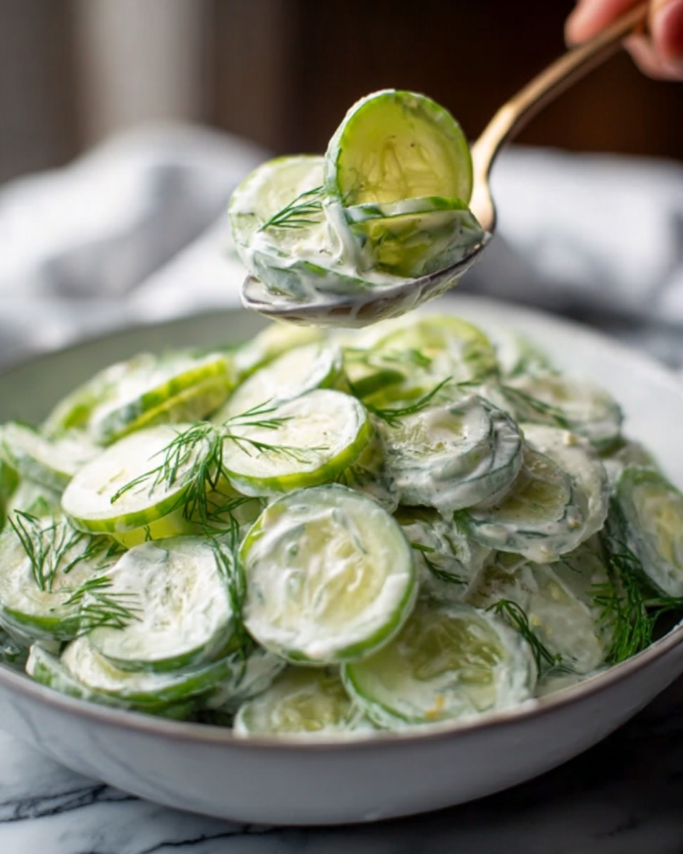 The image shows a close-up of a creamy cucumber salad in a white bowl. The salad has many thin, round slices of light green cucumber layered evenly. The cucumbers are coated with a thick, white creamy sauce that looks smooth and rich. Small green dill leaves and herbs are mixed gently throughout the salad. A woman's hand is lifting a spoonful of the creamy cucumber slices above the bowl. The background is a white marbled surface with soft, natural light highlighting the fresh, cool texture of the salad. Photo taken with an iphone --ar 4:5 --v 7