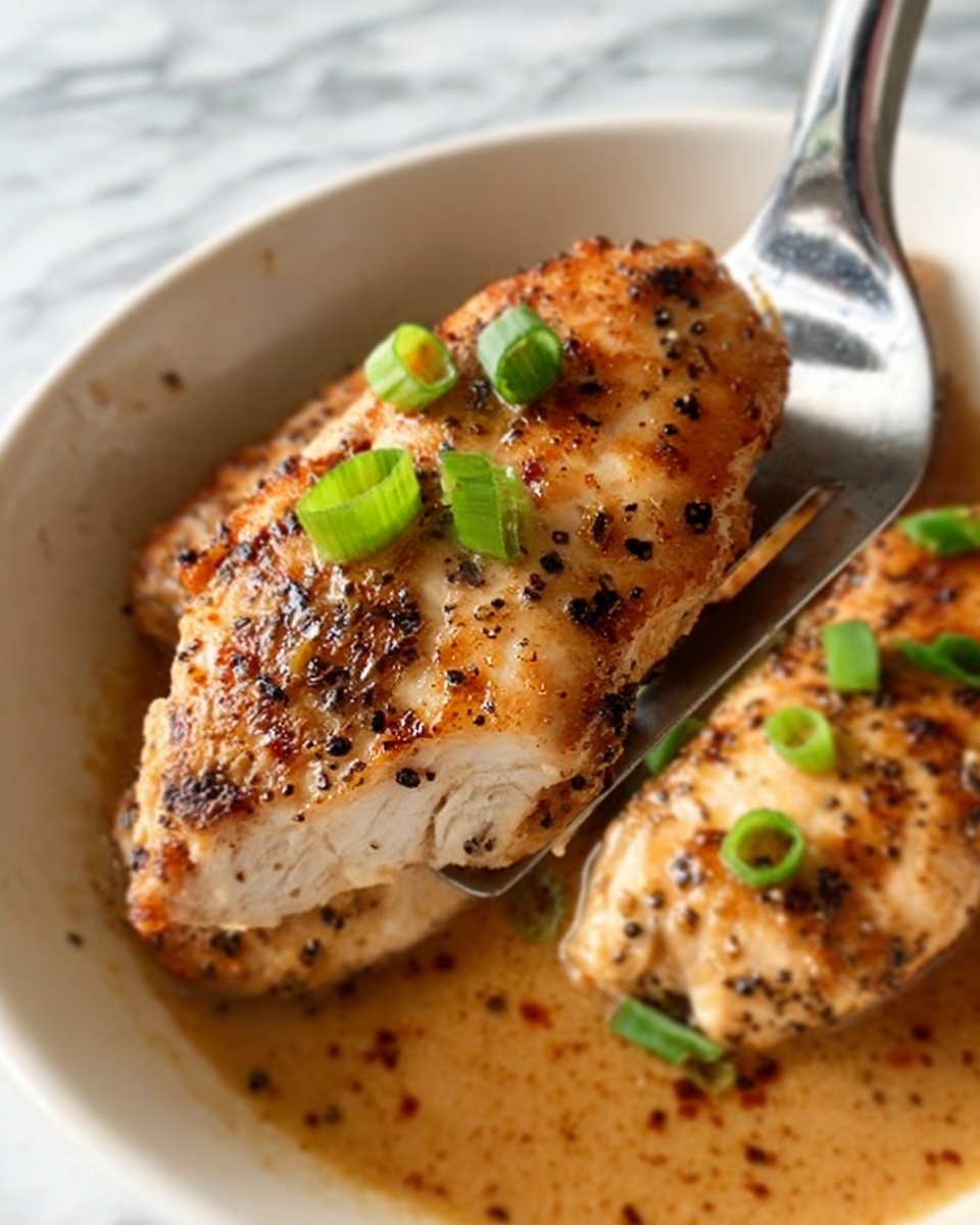 The image shows a white plate with a piece of cooked chicken that has a crispy, golden-brown top layer with small herb and spice specks. Below the chicken, there is a layer of light brown rice mixed with small green onion pieces, spread evenly around the chicken on the plate. A silver fork is placed to the left side of the plate. The background is a white marbled surface. photo taken with an iphone --ar 4:5 --v 7