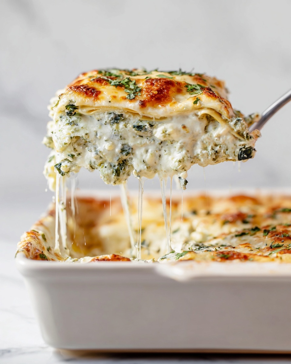The image shows a close-up slice of lasagna being lifted from a white baking dish on a white marbled surface. The lasagna has four visible layers: the top layer is golden-brown melted cheese with some green herb leaves, underneath is a creamy white cheese layer, then a layer with green spinach mixed into a white sauce, and another white cheese layer with spinach at the bottom. The texture of the cheese is soft and stretchy with some cheese strings hanging down from the slice, and the sides of the layers look creamy and smooth, with bits of green herbs mixed throughout. Photo taken with an iphone --ar 4:5 --v 7