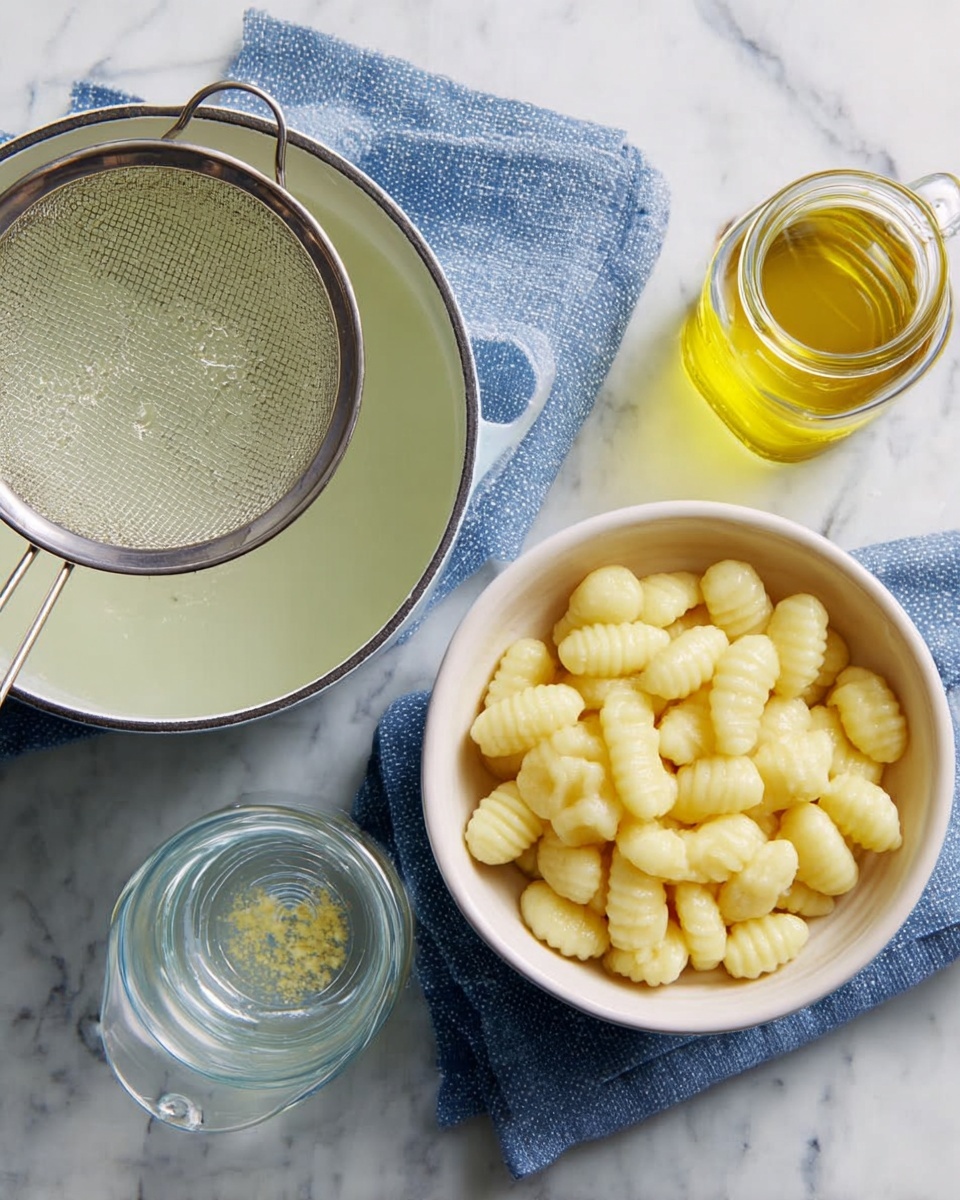 The image shows a white pot with a wire strainer resting inside, filled partially with clear water on top of a blue cloth. To the right, there is a white bowl filled with pale yellow gnocchi, each piece having grooves and a soft texture. Below the bowl, a transparent measuring cup contains some clear liquid. Above the bowl, there is a small glass jar filled with golden yellow oil. All items are placed on a white marbled surface. Photo taken with an iphone --ar 4:5 --v 7