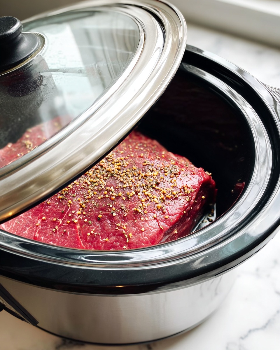 Inside a black slow cooker with a shiny silver rim and glass lid partially open, there is one layer of raw red meat sprinkled with small yellow and brown spices on top. The slow cooker is set on a white marbled surface, and natural light reflects softly on the glass lid, adding a clean, fresh look to the scene. photo taken with an iphone --ar 4:5 --v 7
