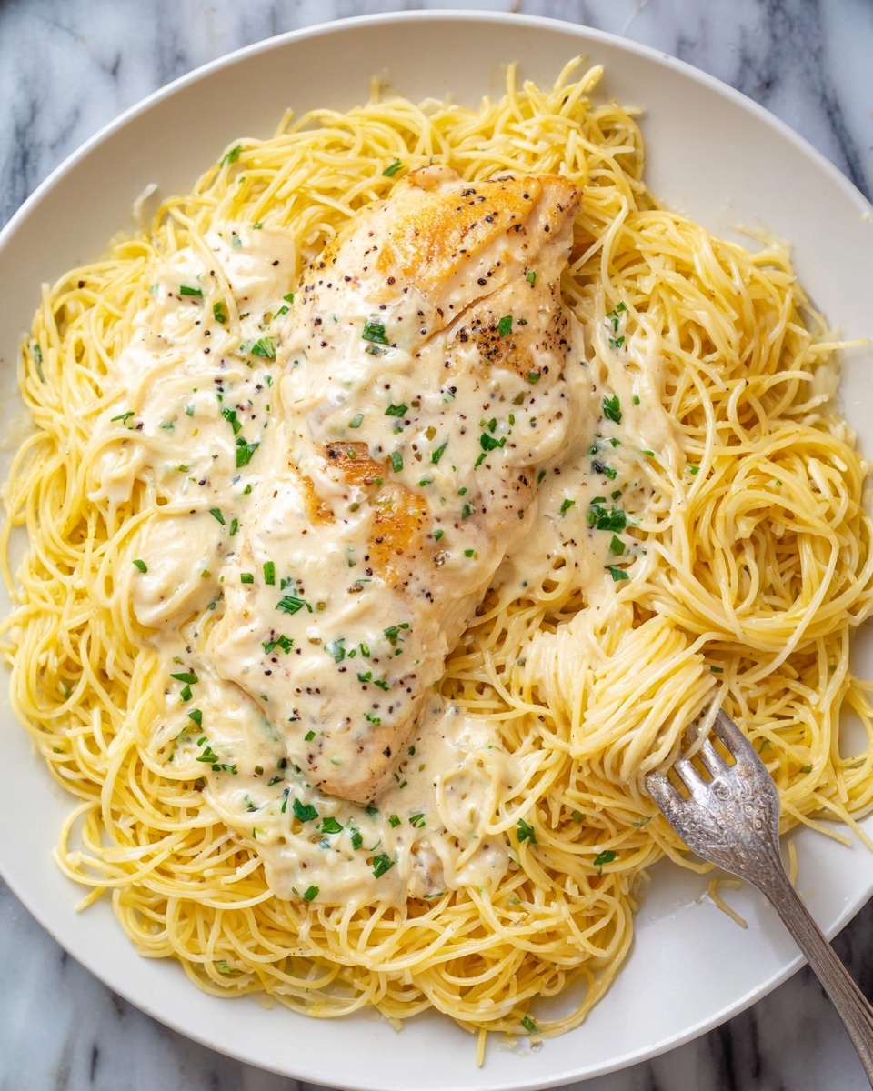 A large white plate holds a bed of thin yellow spaghetti noodles forming the base layer. On top, there is a creamy, light beige sauce coating some noodle sections, adding a smooth texture with specks of black pepper and small green herb pieces scattered across. Positioned on the right side, a single cooked chicken piece with a golden brown surface is partially covered by the sauce and herbs. A silver fork twists some noodles near the bottom right, slightly lifting them. The background shows a white marbled surface. photo taken with an iphone --ar 4:5 --v 7