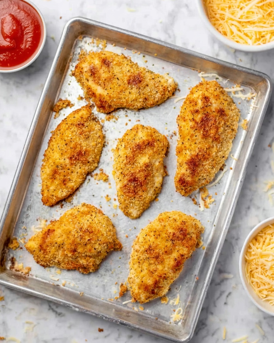 The image shows six golden-brown breaded chicken pieces arranged on a metal baking tray with a few crumbs scattered around them. The chicken pieces have a crispy texture with some darker seasoning spots on top. At the top left corner, a small white bowl holds a bright red sauce, and at the bottom right corner, there is a white bowl containing shredded cheese. The whole scene is set on a white marbled surface. Photo taken with an iphone --ar 4:5 --v 7