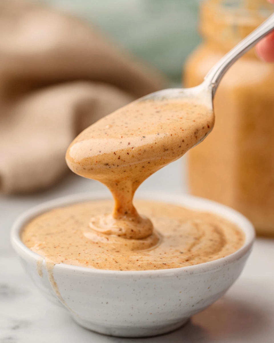 The image shows a white spoon held by a woman's hand scooping a thick, creamy sauce with a light brown color and small visible specks throughout. Below the spoon, there is a white bowl filled with the same sauce, set on a white marbled surface, with a blurred jar of sauce in the background. The sauce has a smooth texture and a slightly shiny look. Photo taken with an iphone --ar 4:5 --v 7