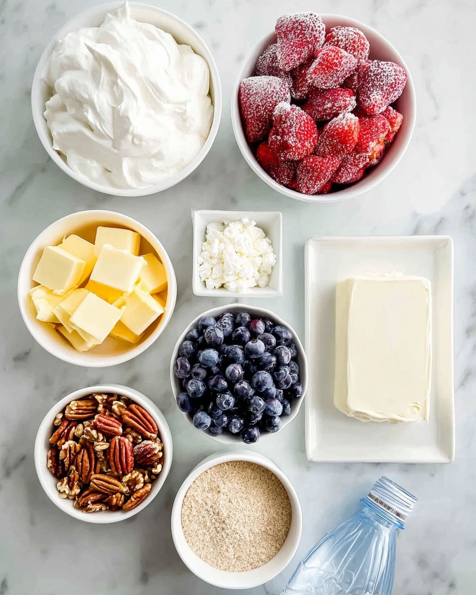 The image shows several white bowls and a white rectangular container with ingredients on a white marbled surface. There is a white bowl filled with white whipped cream, another white bowl with frozen red strawberries, a small white bowl with white granulated sugar, a white rectangular container holding fresh dark blueberries, and a white bowl full of chopped nuts. Beside these, there is a small white bowl with yellow butter cubes, a white bowl containing reddish-brown powder, a block of white cream cheese on a white plate, and a clear plastic water bottle. The setup is neat and organized with a bright, clean look. Photo taken with an iphone --ar 4:5 --v 7