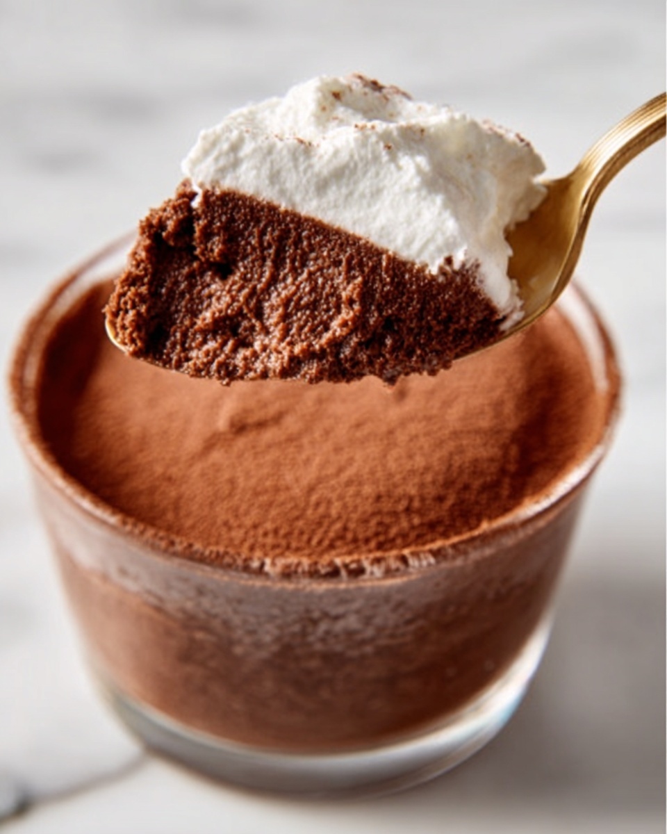 A close-up image of a spoon lifting a scoop of chocolate mousse from a clear glass bowl. The mousse layer is rich dark brown with a light, airy, and slightly foamy texture. On top of the mousse, there is a small dollop of white cream. The scene is set on a white marbled surface, highlighting the contrast between the dark mousse and the white cream. A woman's hand is holding the spoon from the right side, with a golden-colored spoon bowl visible. Photo taken with an iphone --ar 4:5 --v 7