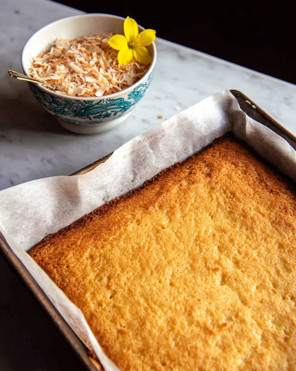 A large, square baked cake layer with a golden brown, slightly rough texture rests on white parchment paper in a metal baking tray. Behind the tray, there is a white bowl with a blue-green pattern filled with light brown shredded toasted coconut flakes. A small yellow flower is attached to the bowl's handle. The whole setup is on a white marbled surface. photo taken with an iphone --ar 4:5 --v 7