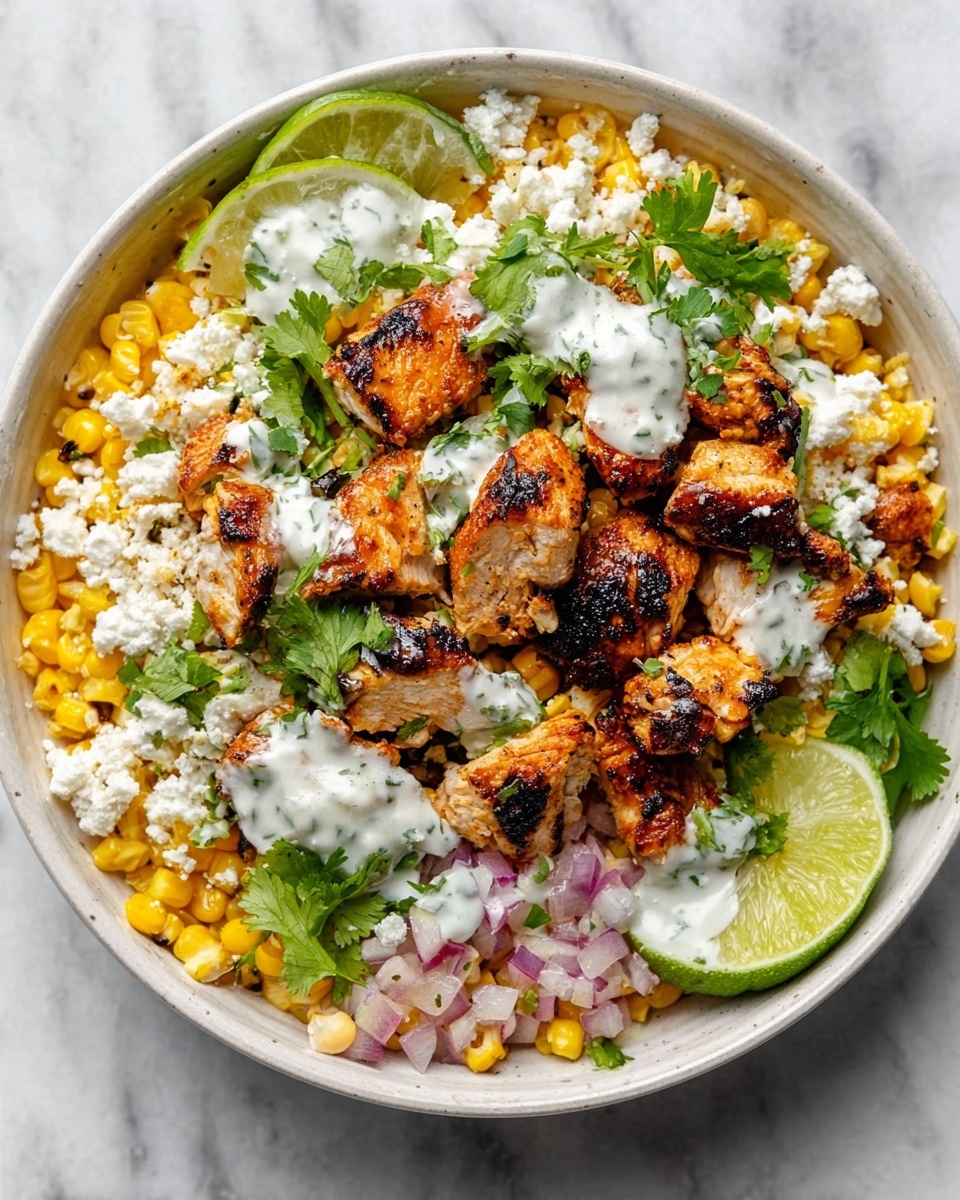 A white bowl holds a colorful dish with several layers. The bottom layer is grilled corn kernels mixed with small pieces of red onion, creating a yellow and light purple base. On top, there are bite-sized pieces of charred, golden-brown cooked chicken scattered all over. Fresh green cilantro leaves are spread evenly across the dish, adding a pop of color. Crumbled white cheese is sprinkled generously on top, along with small dollops of creamy white sauce. Two lime wedges sit neatly on one side of the bowl for garnish. The bowl rests on a white marbled surface. photo taken with an iphone --ar 4:5 --v 7