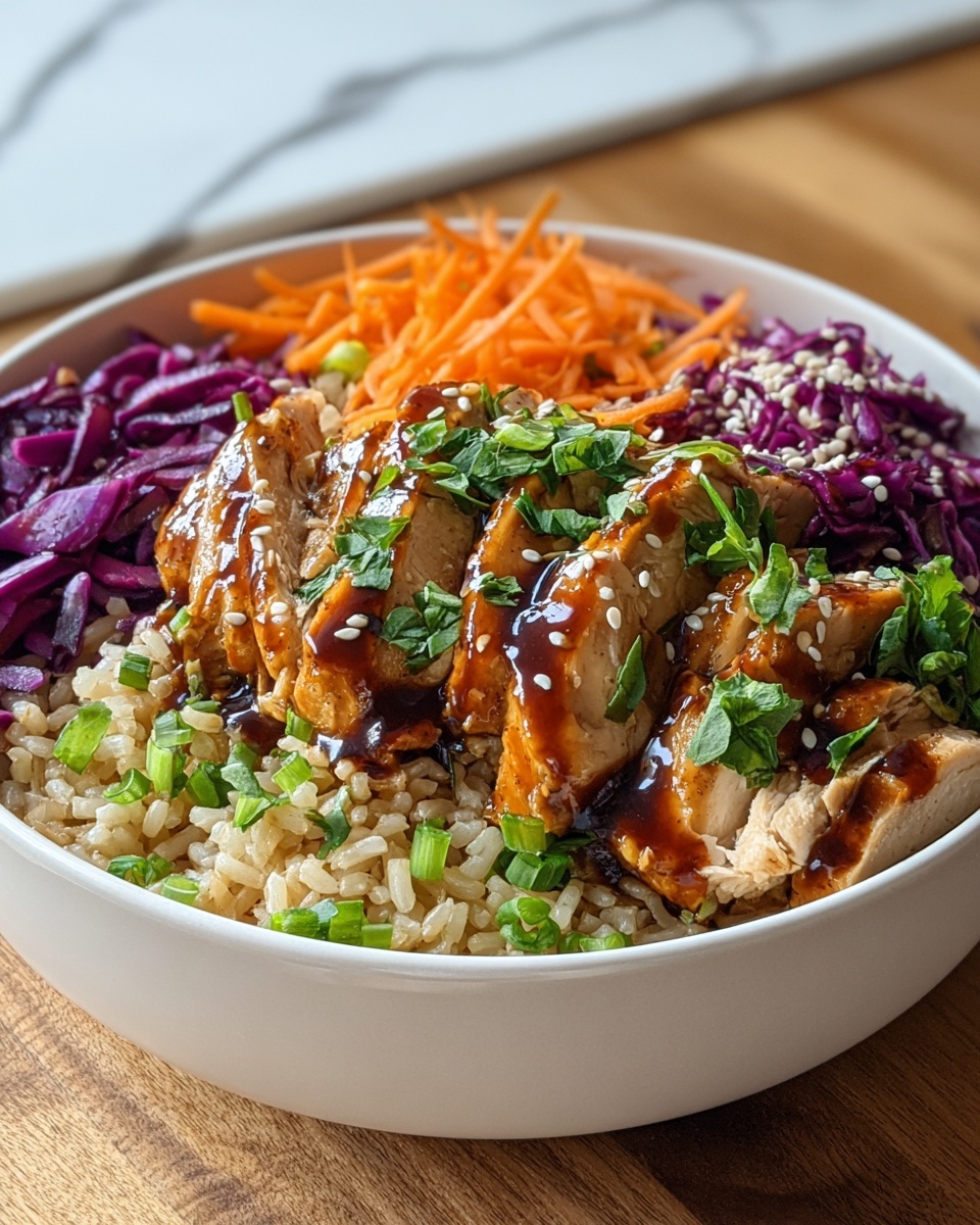 A white bowl filled with four main layers: the bottom layer is light brown rice mixed with small green onion pieces, covering the entire base; on one side, there is a layer of shredded deep purple cabbage topped with small white sesame seeds; next to the cabbage, orange shredded carrots form a neat pile; the center is topped with sliced, cooked chicken that is golden brown and glazed with shiny dark brown sauce, sprinkled with fresh green herbs. The bowl is placed on a wooden surface with a white marbled texture background, photo taken with an iphone --ar 4:5 --v 7