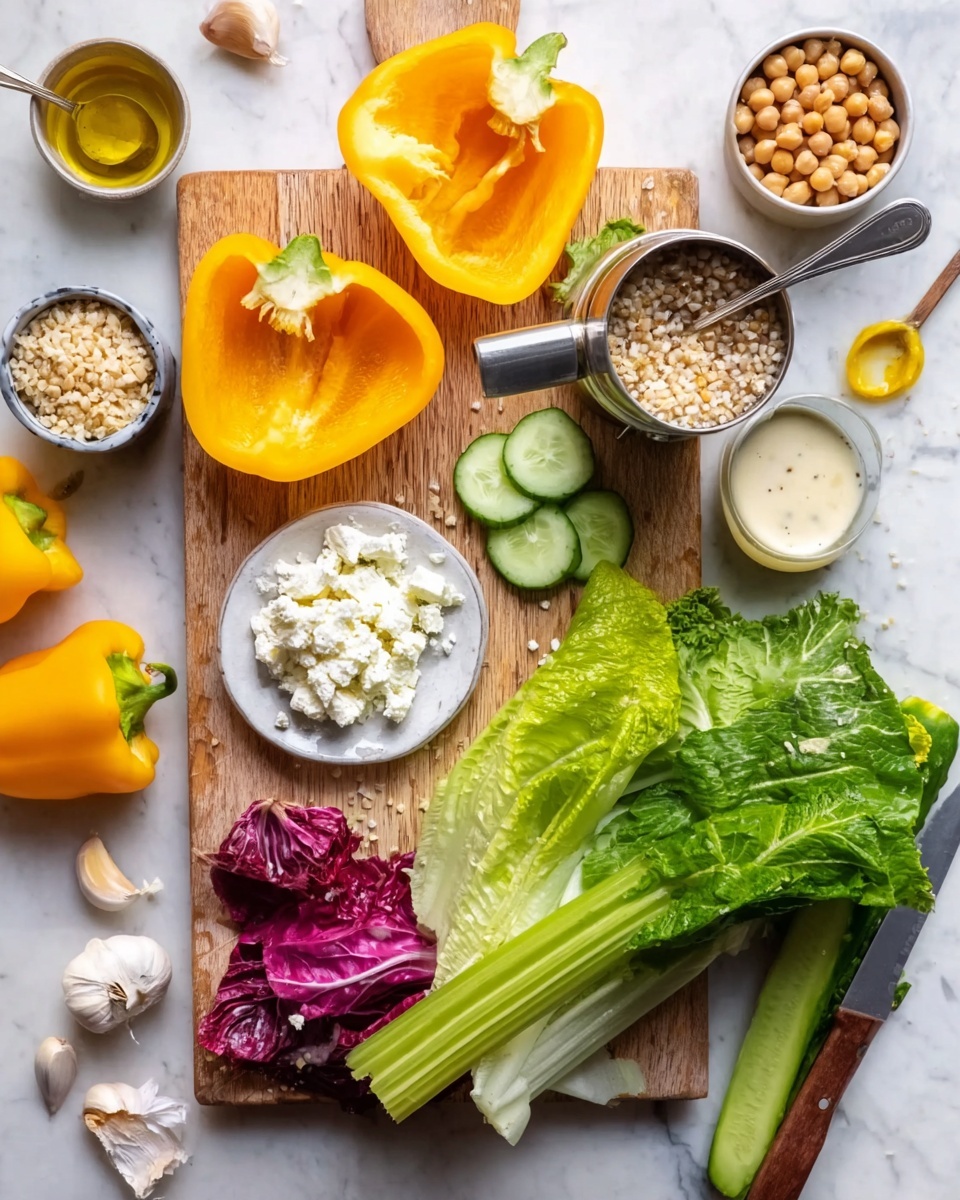 The image shows a wooden board on a white marbled surface filled with fresh ingredients for a salad. On the board are two halves of a yellow bell pepper, one half of an orange bell pepper, and a sliced cucumber with a visible knife beside it. A small white bowl on the board contains white crumbly cheese. Around the board are loose leafy romaine lettuce, radicchio leaves, and some green celery stalks with leaves. A metal measuring cup filled with grains sits on the board next to an opened can of chickpeas placed on the white marbled surface. Several garlic cloves and a small bowl with a creamy dressing and a spoon are also scattered around. There are a few yellow peppers nearby as well. Photo taken with an iphone --ar 4:5 --v 7