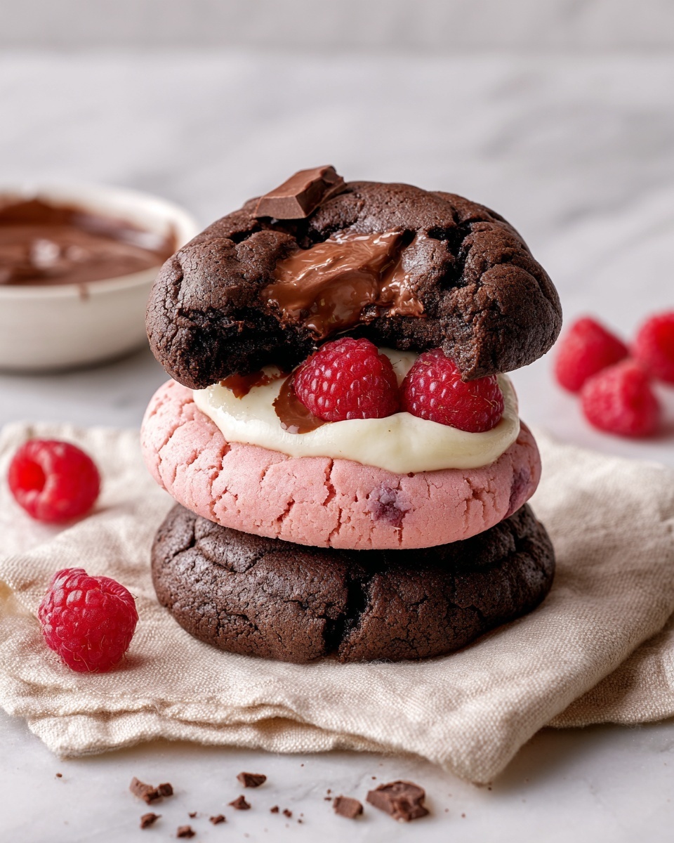 A stack of three large cookies sits on a soft beige cloth over a white marbled surface. The bottom and middle cookies are dark chocolate with cracks and a dark chocolate piece embedded. Between them, there is a pink cookie with visible cracks, filled with smooth white cream topped with two bright red raspberries. The top cookie is dark chocolate, broken in half to show melted chocolate oozing inside, with a piece of dark chocolate resting on the melted center. A few loose raspberries and crumbs surround the stack, and a white bowl filled with chocolate sauce is blurred in the background. Photo taken with an iphone --ar 4:5 --v 7