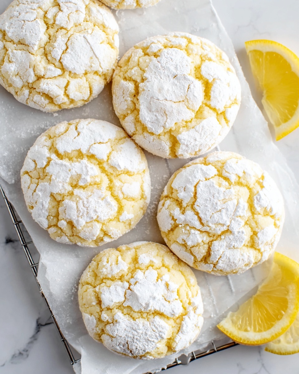 The image shows six lemon cookies arranged closely on a white marbled surface with a metal cooling rack underneath some of them. Each cookie is round and soft looking, covered in a cracked layer of white powdered sugar that contrasts with the pale yellow color of the cookie dough underneath. The cookies have a rough, cracked texture where the powdered sugar has broken apart a bit, revealing the dough below. In the top right corner and bottom left corner, there are thin lemon wedges with bright yellow skin and juicy interiors, adding a fresh color accent to the scene. A piece of white parchment paper lies beneath the cookies, enhancing their soft, delicate appearance. photo taken with an iphone --ar 4:5 --v 7