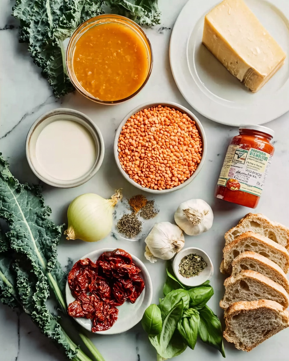 The image shows various cooking ingredients arranged on a white marbled surface: a glass bowl filled with an orange-colored liquid on the left, next to a small white bowl of cream and a larger white bowl holding red lentils. Nearby, there is a small white plate with dried herbs and spices, and another small white bowl filled with sun-dried tomatoes. Fresh garlic cloves and a bulb of garlic are placed close to fresh green basil leaves and a whole white onion. A tube of tomato paste lies horizontally near the basil. In the upper right corner, a white plate with several slices of bread can be seen, and a wedge of pale yellow cheese with a dark rind sits near the top center. Fresh kale leaves add a touch of green to the top left corner. The scene is brightly lit, emphasizing the natural colors and textures, photo taken with an iphone --ar 4:5 --v 7