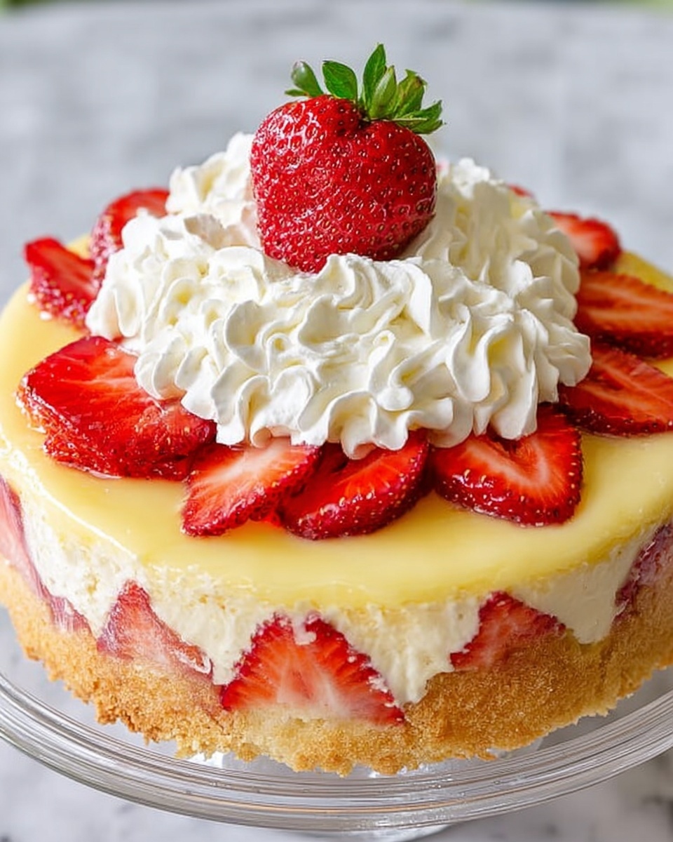 Strawberry Custard Delight Cake Recipe 5 The image shows a round dessert with three main layers. The bottom layer is a golden-brown cake with a soft texture and slightly rough edges. On top of the cake, there is a smooth, shiny yellow cream layer spread evenly. Above the cream are bright red strawberry slices placed in a ring around the edge. In the center, there is a thick layer of white whipped cream swirled into rosettes. On top of the whipped cream sits a whole fresh strawberry with green leaves. The dessert is on a clear glass plate, placed on a white marbled surface. Photo taken with an iphone --ar 4:5 --v 7