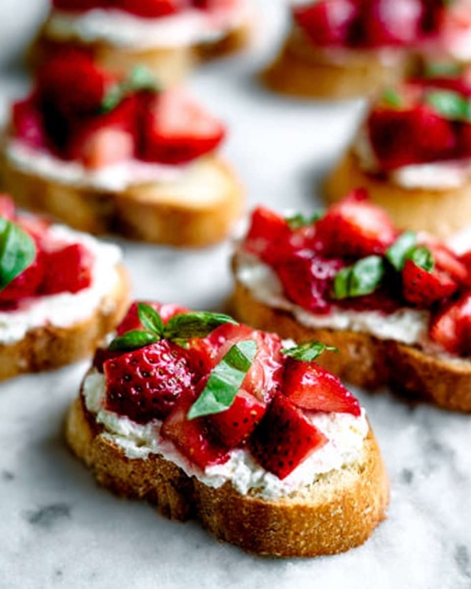 The image shows several small white bread slices arranged on a white marbled surface. Each slice has a light spread of creamy white cheese, topped with bright red, juicy strawberries cut into small pieces. Fresh green basil leaves are placed on top of the strawberries, adding a pop of color. The texture of the bread is slightly crusty and the cheese looks smooth, while the strawberries appear juicy and fresh. photo taken with an iphone --ar 4:5 --v 7