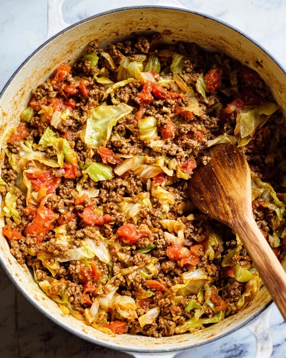 A white pot filled with cooked ground meat mixed with chopped tomatoes, pale green cabbage pieces, and small bits of cooked onion. The mixture has a browned texture with some lighter, tender vegetable parts. A wooden cooking spatula rests inside the pot on the right side. The background is a white marbled surface. Photo taken with an iphone --ar 4:5 --v 7