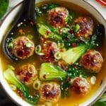 Ginger Chicken Meatball Soup with Baby Bok Choy and Wonton Strips Recipe