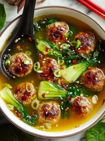 Ginger Chicken Meatball Soup with Baby Bok Choy and Wonton Strips Recipe