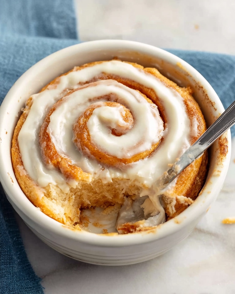 A small white ceramic bowl holds a single cinnamon roll with a light golden brown texture. The roll has a thick white icing spiral on top, neatly following the swirl shape of the pastry. A spoon is scooping out a piece from the edge, showing the soft inner layers of the roll with its lightly baked, fluffy texture. The bowl is placed on a white marbled surface with a blue cloth visible at the edge. Photo taken with an iphone --ar 4:5 --v 7