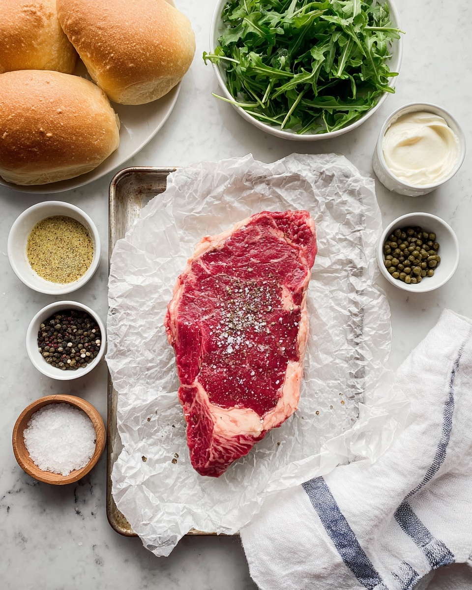 A single raw red steak with white marbled fat around the edges lies in the center on a sheet of crumpled white parchment paper on a metal tray. The steak is seasoned with coarse salt and ground black pepper. Around the tray are small white bowls and wooden bowls holding white salt, creamy white mayonnaise, pale yellow garlic powder, dark green capers, and black peppercorns. Two light beige bread rolls are on a white plate in the top left corner and a white bowl filled with fresh green arugula leaves is in the top right. A white cloth with blue stripes is placed near the bottom right of the tray on a white marbled surface. photo taken with an iphone --ar 4:5 --v 7