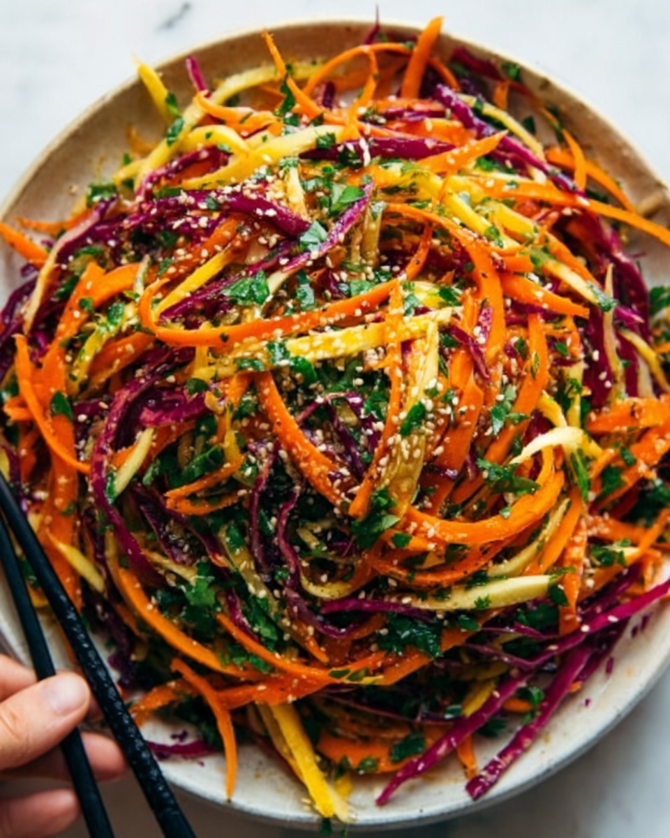 A dark round bowl holds a colorful salad with about four layers. The bottom layer is thin, long strips of orange carrots. On top of that are thin strips of white, red, and bright yellow vegetables, all mixed evenly. The salad is sprinkled with small chopped green herbs and sesame seeds, giving a fresh and textured look. The bowl sits on a white marbled surface. photo taken with an iphone --ar 4:5 --v 7