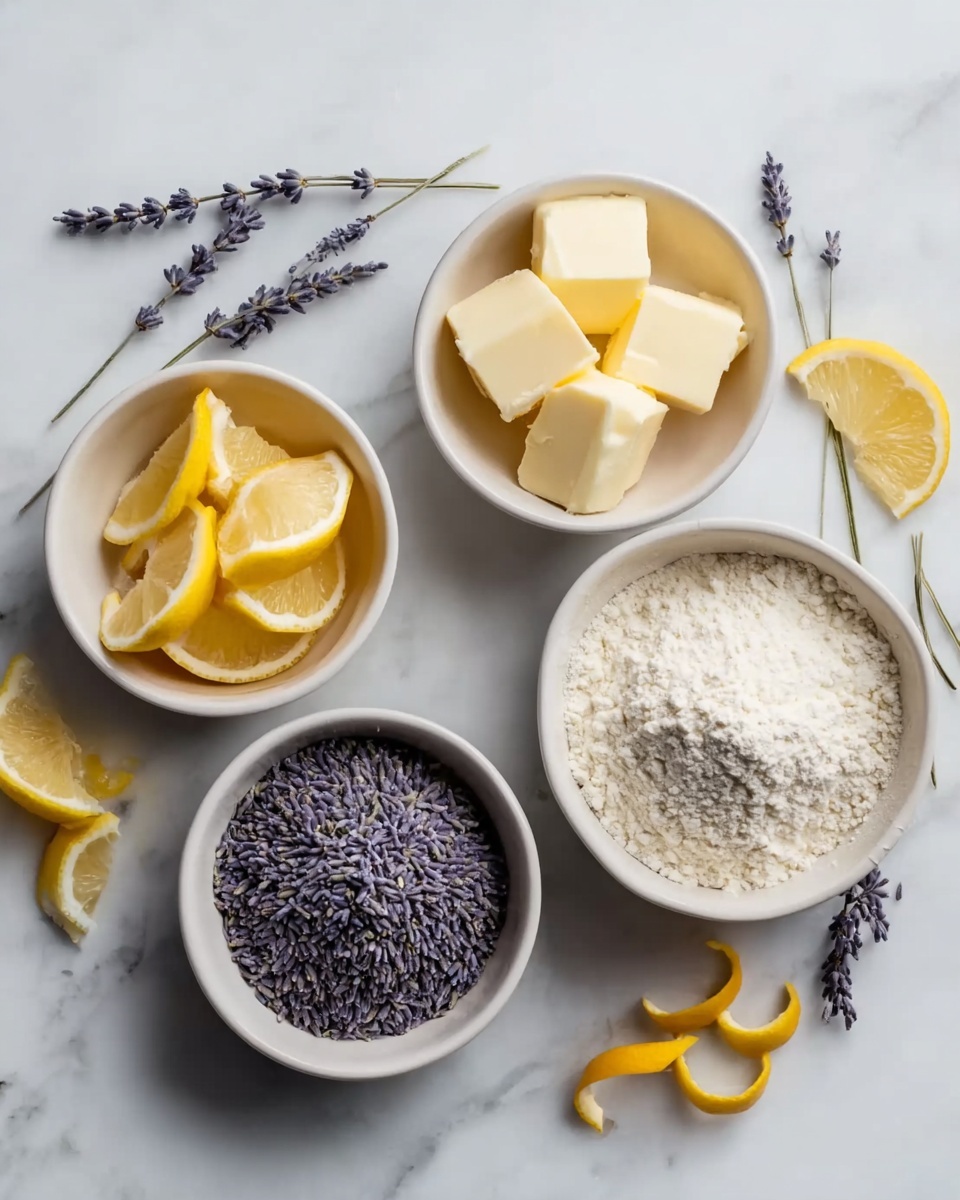 The image shows five small white bowls arranged on a white marbled surface. One bowl contains four yellow lemon wedges stacked together, another has several cubes of pale yellow butter, two bowls are filled with purple dried lavender flowers, and the last bowl holds a mound of white flour with a slightly uneven texture. There are a few lavender sprigs and curly yellow lemon peels placed around the bowls, adding a natural and fresh look. photo taken with an iphone --ar 4:5 --v 7