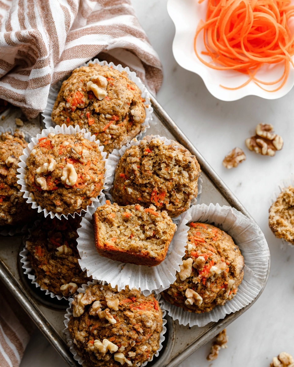 A pile of carrot muffins sits in a metal tray lined with a brown and white striped cloth. The muffins are in white paper liners showing their textured, rough tops filled with visible orange carrot shreds and walnut pieces. One muffin near the middle is broken in half, revealing a moist, crumbly inside with bright orange carrot bits scattered throughout. The tray rests on a white marbled surface sprinkled with a few walnut halves. To the left is a white scalloped dish holding thin, curled carrot ribbons. photo taken with an iphone --ar 4:5 --v 7