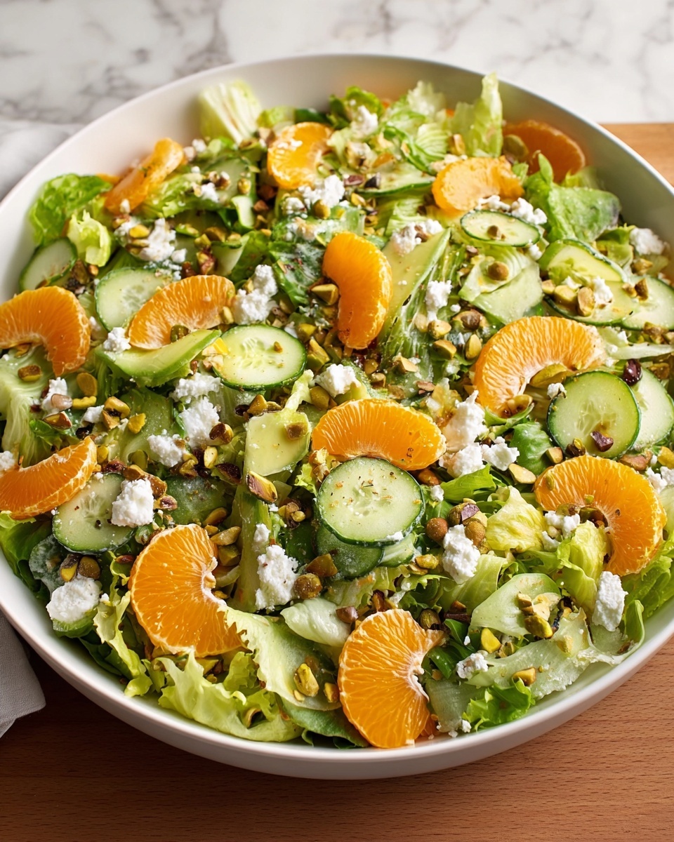 A large white bowl on a white marbled surface is filled with a layered salad. The first layer is a mix of leafy green lettuce with light and dark green shades and curly textures. Over it, there are thin slices of pale green cucumber scattered evenly. Bright orange segments of mandarin are placed through the salad, adding a pop of color. Thin white onion slices are spread lightly over the top. Small white crumbled cheese pieces and brownish-green pistachio nuts are sprinkled all over, adding texture. The salad looks fresh and colorful with a gentle shine of dressing. Photo taken with an iphone --ar 4:5 --v 7