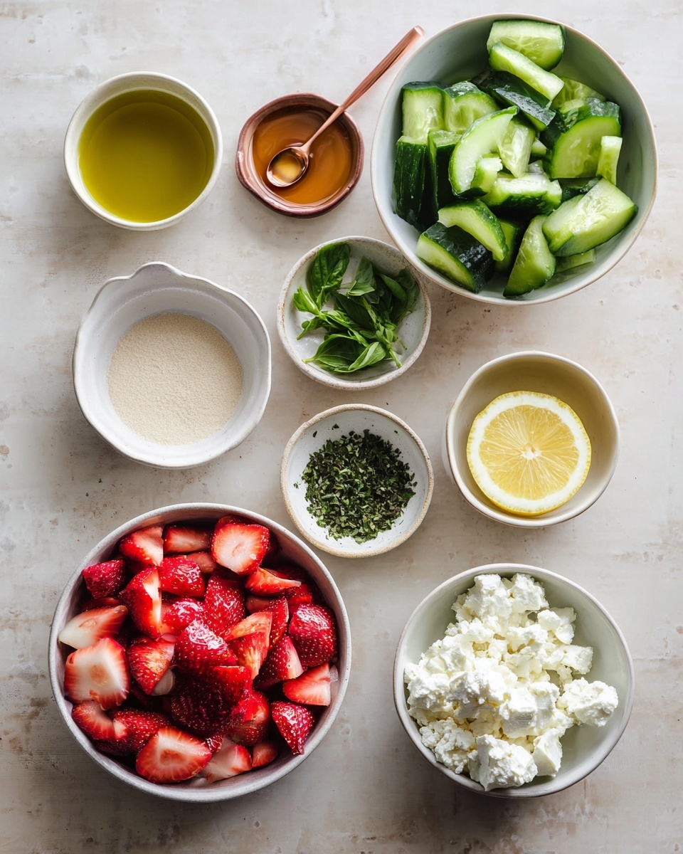 A top view of eight small white bowls arranged on a white marbled surface. The largest bowl is filled with chopped strawberries, showing red and white layers with a juicy texture in the center of the image. To its upper right, a bowl is full of thick cucumber slices in various green shades. To the right of that bowl, a small white bowl contains a thick lemon slice with yellow and light green details. Below the strawberry bowl, a white bowl holds soft, crumbly white cheese. Near the cheese bowl, a smaller bowl with chopped dark green herbs is visible. Above the cheese bowl, a tiny bowl with a copper spoon holds light amber honey. To the left, a smooth, white bowl has golden olive oil. On the upper left side, a small bowl holds chopped dark green basil leaves, and beside it, another small bowl is filled with light beige seasoning powder. photo taken with an iphone --ar 4:5 --v 7