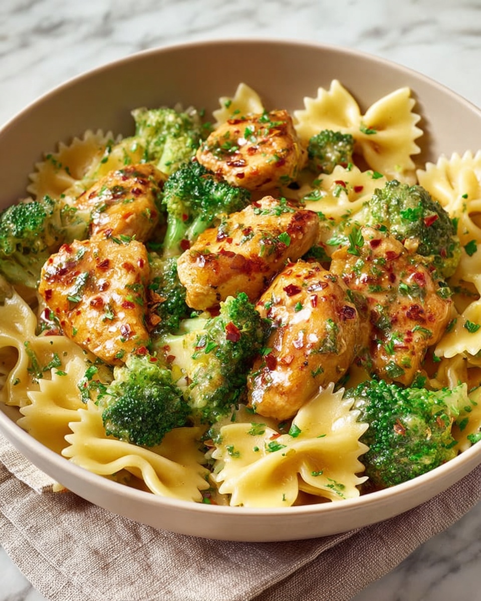 A close-up view of a dish in a white bowl, featuring several layers: the bottom layer is light yellow farfalle pasta with a smooth texture and slightly curled edges; on top of the pasta are bright green broccoli florets with a fresh, slightly rough surface; scattered above and around are pieces of cooked chicken with a golden-brown glaze, shiny and slightly sticky in texture, garnished with finely chopped green herbs and small bits of red chili flakes that add pops of color. The whole dish sits on a cloth atop a white marbled surface. Photo taken with an iphone --ar 4:5 --v 7