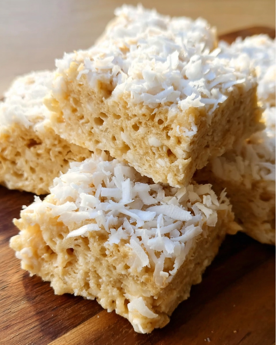 The image shows close-up clusters of light beige cereal bars with a fluffy texture, topped with a generous layer of white shredded coconut flakes that add a fine, stringy texture on the surface. The cereal bars have a rough, slightly crumbly look with some small holes and irregular edges. The bars are placed on a smooth wooden surface. photo taken with an iphone --ar 4:5 --v 7