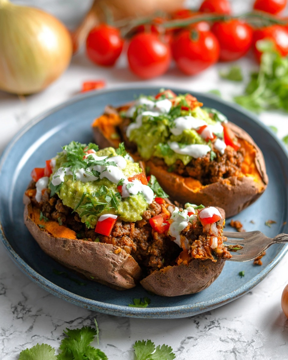 Two baked sweet potatoes sit side by side on a white plate, which is placed on a larger blue plate, all on a white marbled surface. Each potato is split open and filled three layers deep: the first layer is the orange soft sweet potato inside the brown skin, the second layer is a generous amount of cooked ground meat mixed with small bits of vegetables, and the third layer consists of chopped fresh tomatoes. On top, there is a thick bright green layer of mashed avocado mixed with chopped herbs. Small dollops of white sour cream are drizzled over the avocado and meat mixture. Fresh green cilantro leaves garnish the tops. A silver fork is scooping some of the filling from one of the potatoes. In the blurred background, there are fresh cherry tomatoes on the vine and a yellow onion. photo taken with an iphone --ar 4:5 --v 7