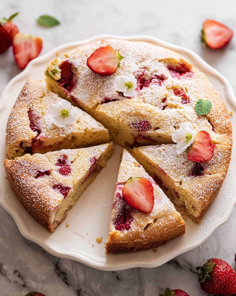 A slice of strawberry cake on a white decorative plate with beaded edges. The cake has two layers: a light golden top sprinkled with powdered sugar and visible pieces of red strawberry embedded inside a moist, pale yellow crumb layer. A fresh strawberry half with green leaves rests beside the slice on the plate. In the background, the rest of the cake sits on a larger white plate, with a gold fork placed next to it on a white marbled surface. Photo taken with an iphone --ar 4:5 --v 7