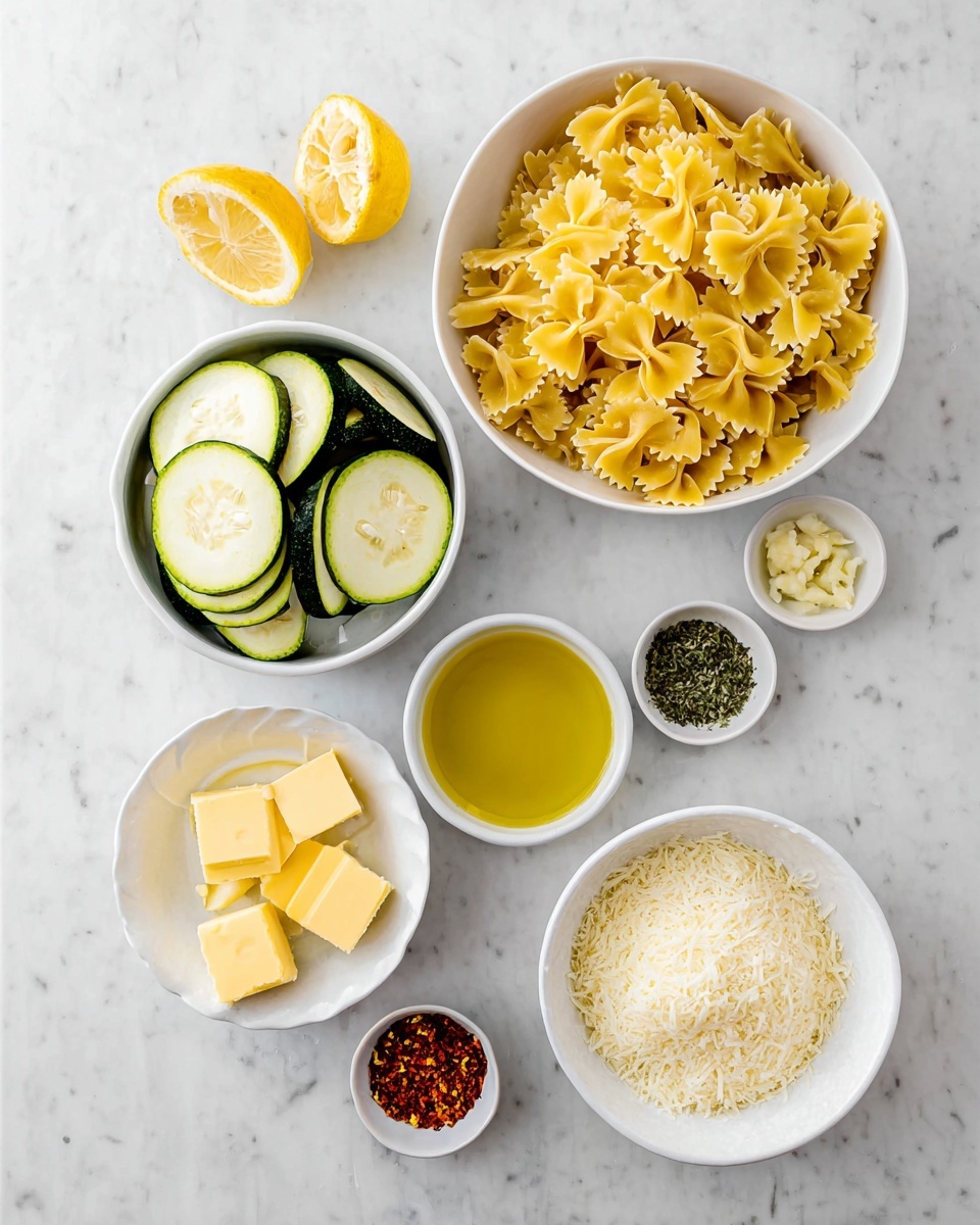 The image shows seven white bowls arranged on a white marbled surface with various cooking ingredients. At the top right, a large bowl is filled with uncooked yellow bowtie pasta. To the left of it, a lemon half displays its light yellow inside. Below the lemon, another large bowl holds thick green zucchini slices with white insides. To the right of the zucchini, a medium bowl contains a mound of pale grated cheese. Below the cheese, there is a small white bowl with a rich yellow liquid, likely olive oil. To the left of the olive oil, a small bowl contains two yellow butter pieces with a soft texture. Above the butter, a tiny bowl holds finely chopped garlic. To the left of the garlic, a small bowl has red chili flakes and green dried herbs separated in half. The photo taken with an iphone --ar 4:5 --v 7
