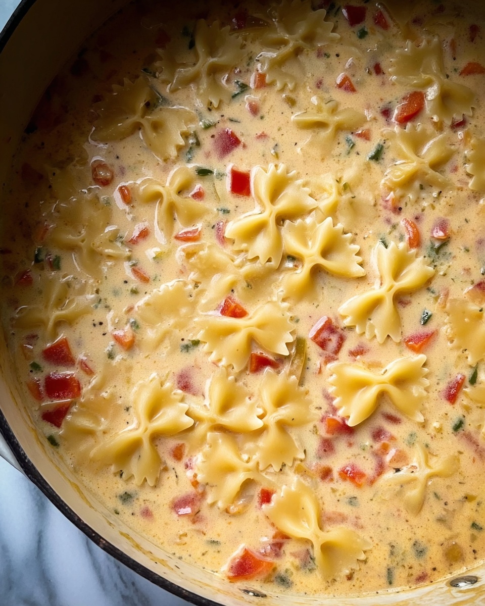 A creamy soup with a light beige liquid base fills the white marbled surface of the pot. Floating on top are many small, yellow bow-tie pasta pieces spread evenly across the dish. Mixed throughout the creamy liquid are small, scattered chunks of red and green vegetables, adding bright splashes of color among the pale soup and pasta. The texture looks smooth and slightly thick with the pasta and vegetables suspended in the creamy broth. photo taken with an iphone --ar 4:5 --v 7