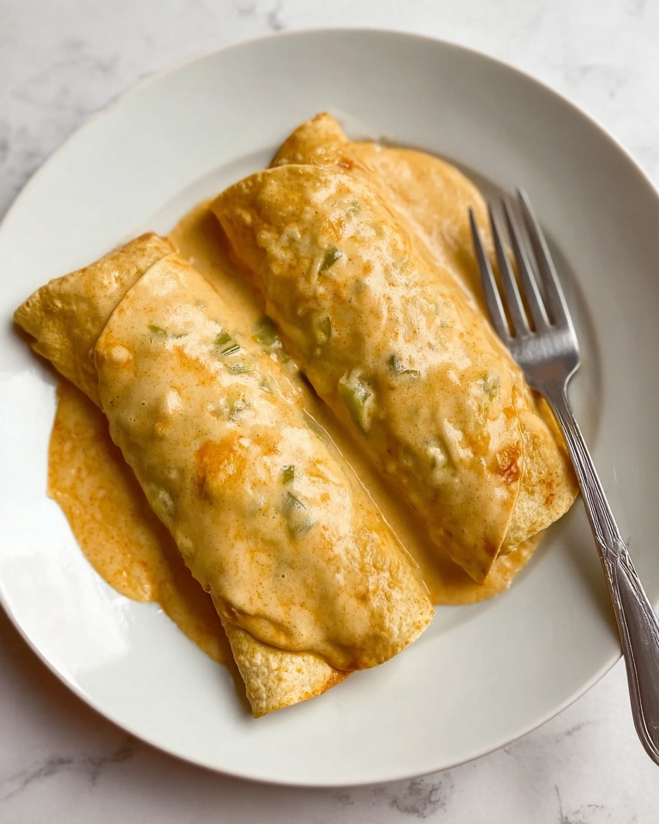 Two rolled enchiladas sit side by side on a simple white plate, each covered in a thick, creamy light brown sauce with visible small chunks of vegetables or ingredients within the sauce. The top enchilada shows a smooth, slightly golden surface peeking through the sauce. The plate is on a white marbled surface, and a silver fork is placed on the right side over a white cloth napkin. The image is bright and clear, focusing closely on the enchiladas. photo taken with an iphone --ar 4:5 --v 7