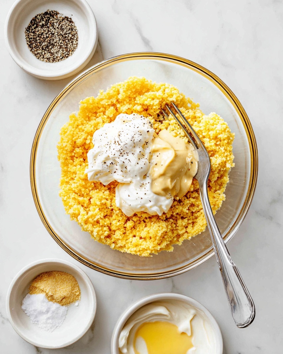 A clear glass bowl sits on a white marbled surface, filled with a crumbly yellow mixture as the base layer. On top in the center, there are three dollops: a pale yellow creamy dollop on the left, a white creamy dollop on the right, and some black pepper sprinkled on the white cream. To the upper left inside the bowl, there is a small pile of white granules resembling salt. A silver fork rests diagonally inside the bowl with its handle extending out and touching the marbled surface. Around the bowl are three small white bowls; one at the top contains a light brown liquid with some swirled white, one on the top left holds salt and black pepper, and the one below the main bowl has a white liquid. photo taken with an iphone --ar 4:5 --v 7