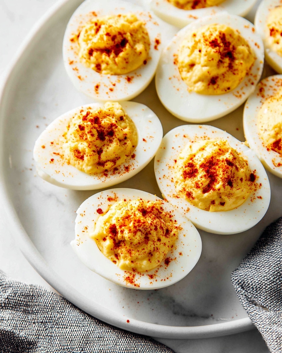 The image shows a white plate with six halved boiled eggs arranged neatly. Each egg has a white outer layer and a creamy yellow filling in the center, which looks slightly textured and soft. The yellow filling is topped with a sprinkle of red powder, adding contrast to the creamy yellow and white colors. The plate is placed on a white marbled surface with a soft gray cloth partially visible on the left side. The lighting is bright and natural, highlighting the textures and colors of the eggs. photo taken with an iphone --ar 4:5 --v 7