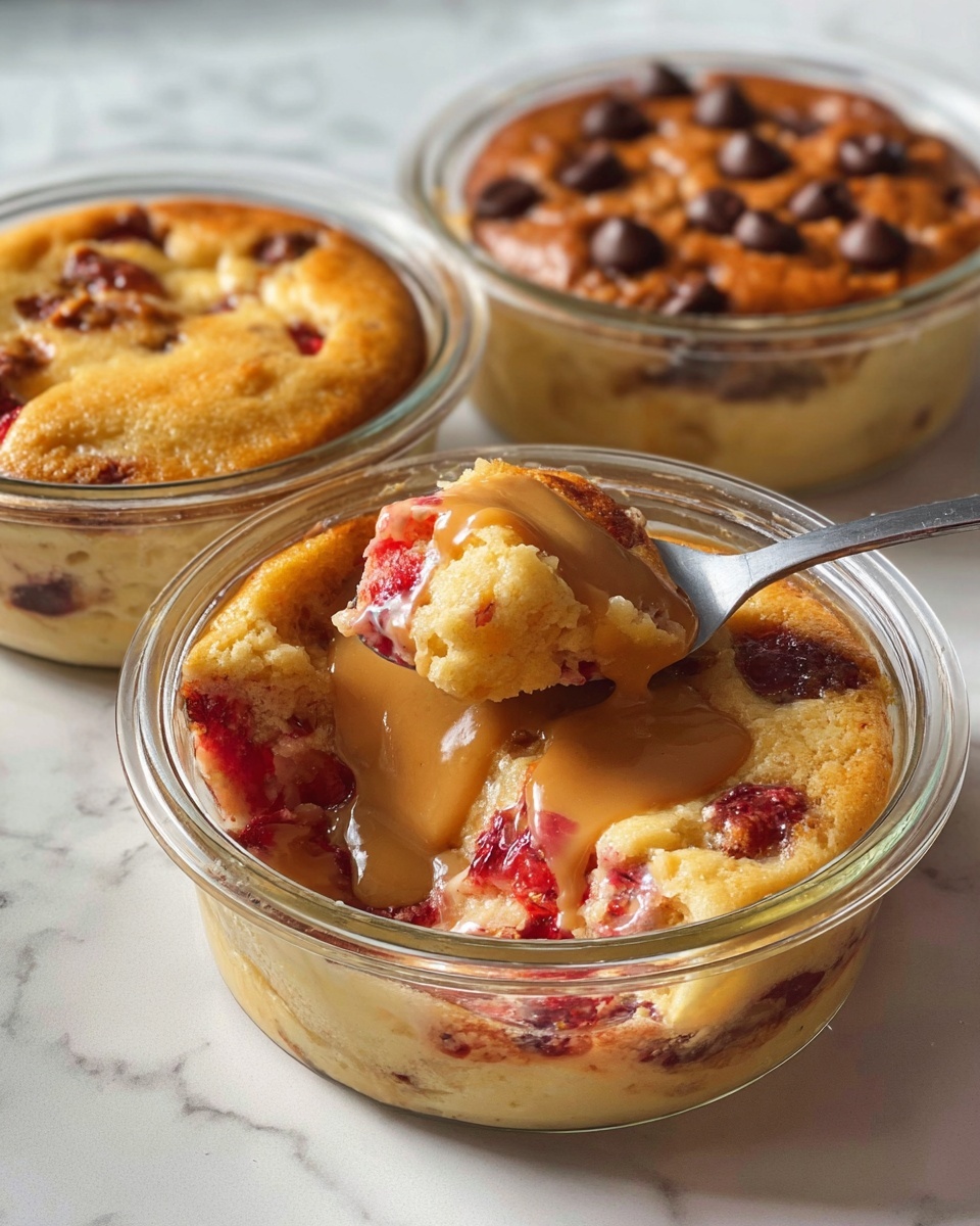 Three small glass bowls hold three baked dishes on a white marbled surface. The front bowl has a creamy light beige batter with visible soft red strawberry pieces inside, topped with a drizzle of light brown sauce. A spoon lifts a scoop of this dessert, showing the mix of strawberries and creamy batter inside. The bowl in the back left contains a plain golden brown baked dish with a slightly raised, puffy top. The back right bowl has a similar golden brown baked surface but is dotted with small dark brown chocolate chips. All bowls have a smooth, clear glass texture and sit closely together. photo taken with an iphone --ar 4:5 --v 7