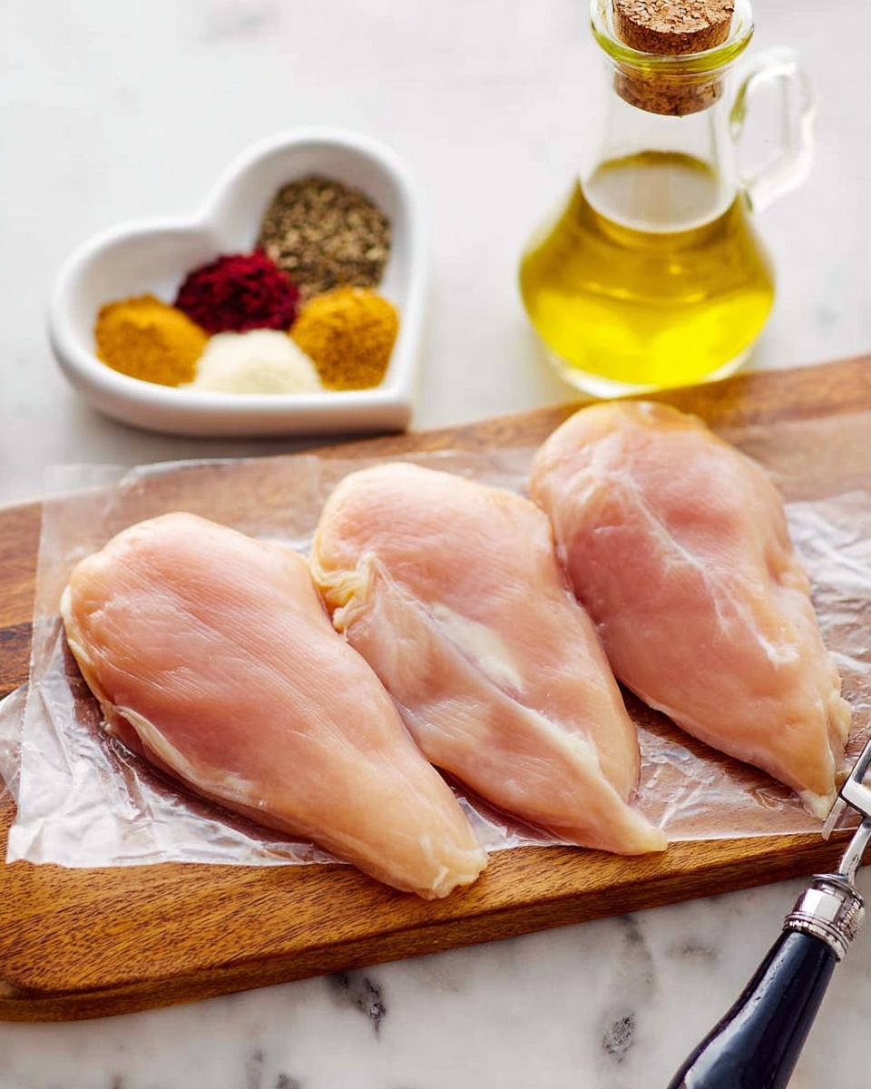 The image shows three raw chicken filets placed side by side on a light wooden cutting board, all resting on a piece of thin transparent paper. The chicken filets are pale pink with smooth textures and slightly shiny surfaces. To the left of the cutting board, there is a small white dish shaped like a rounded triangle, containing five small piles of spices in different colors: dark red, yellow, black, brown, and light yellow. Behind the spice dish, there is a clear glass bottle filled with golden olive oil. A metal meat tenderizer is seen in the bottom right corner near the cutting board. The background is a white marbled surface with a green and white striped cloth partially visible at the top edge. photo taken with an iphone --ar 4:5 --v 7